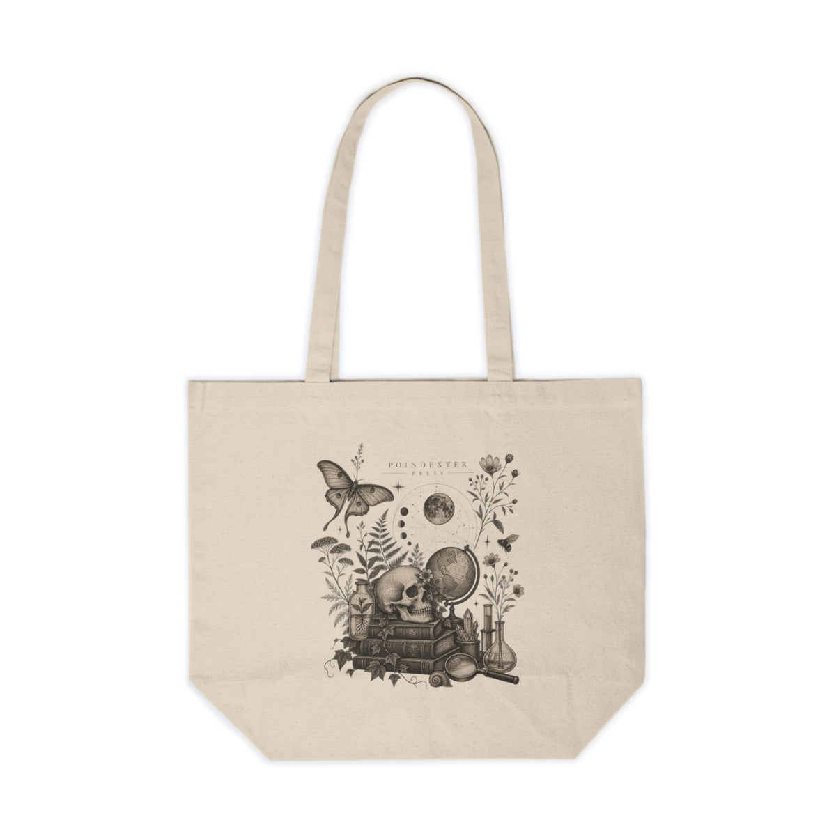Vintage Botanical Skull Illustration Canvas Tote | Nature Science Book Stack