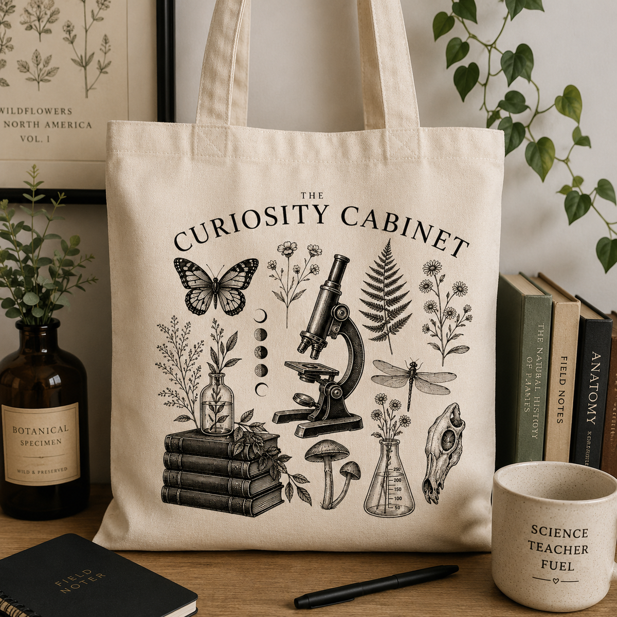 Curiosity Cabinet Canvas Tote | Vintage Microscope, Butterflies & Botanicals
