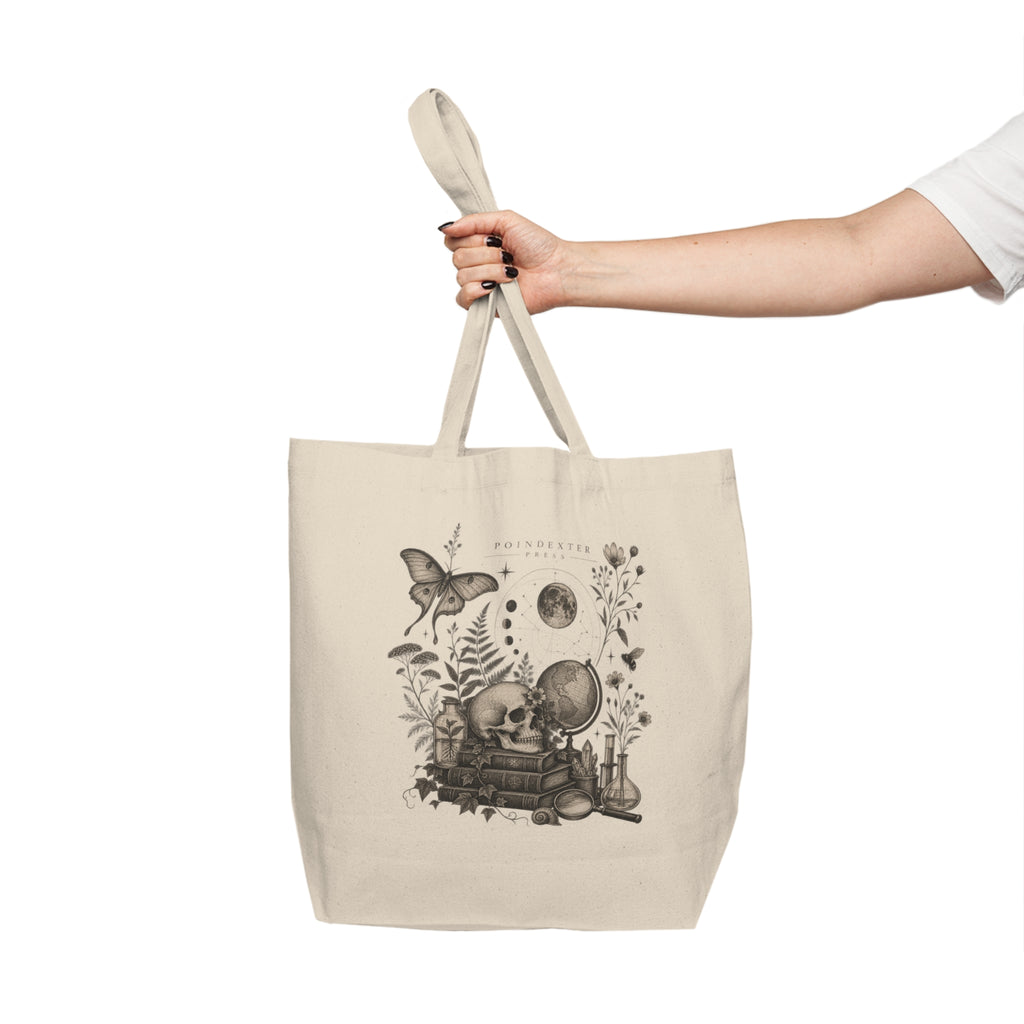 Vintage Botanical Skull Illustration Canvas Tote | Nature Science Book Stack