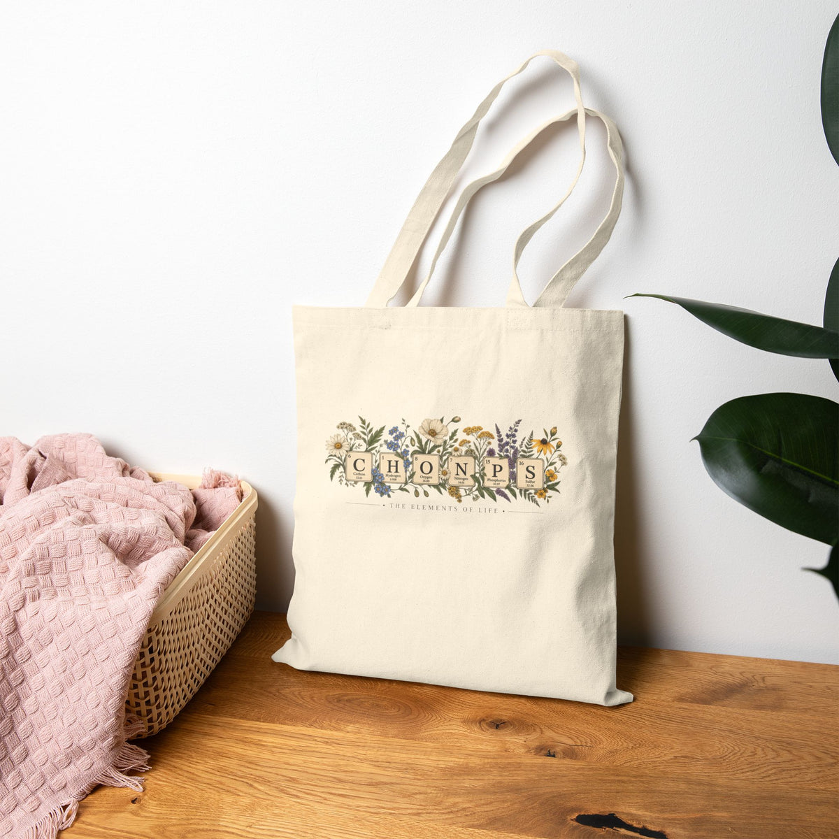 Botanical CHONPS Scrabble Tile Monogram Tote Bag | Biology Floral Lettering Canvas Tote